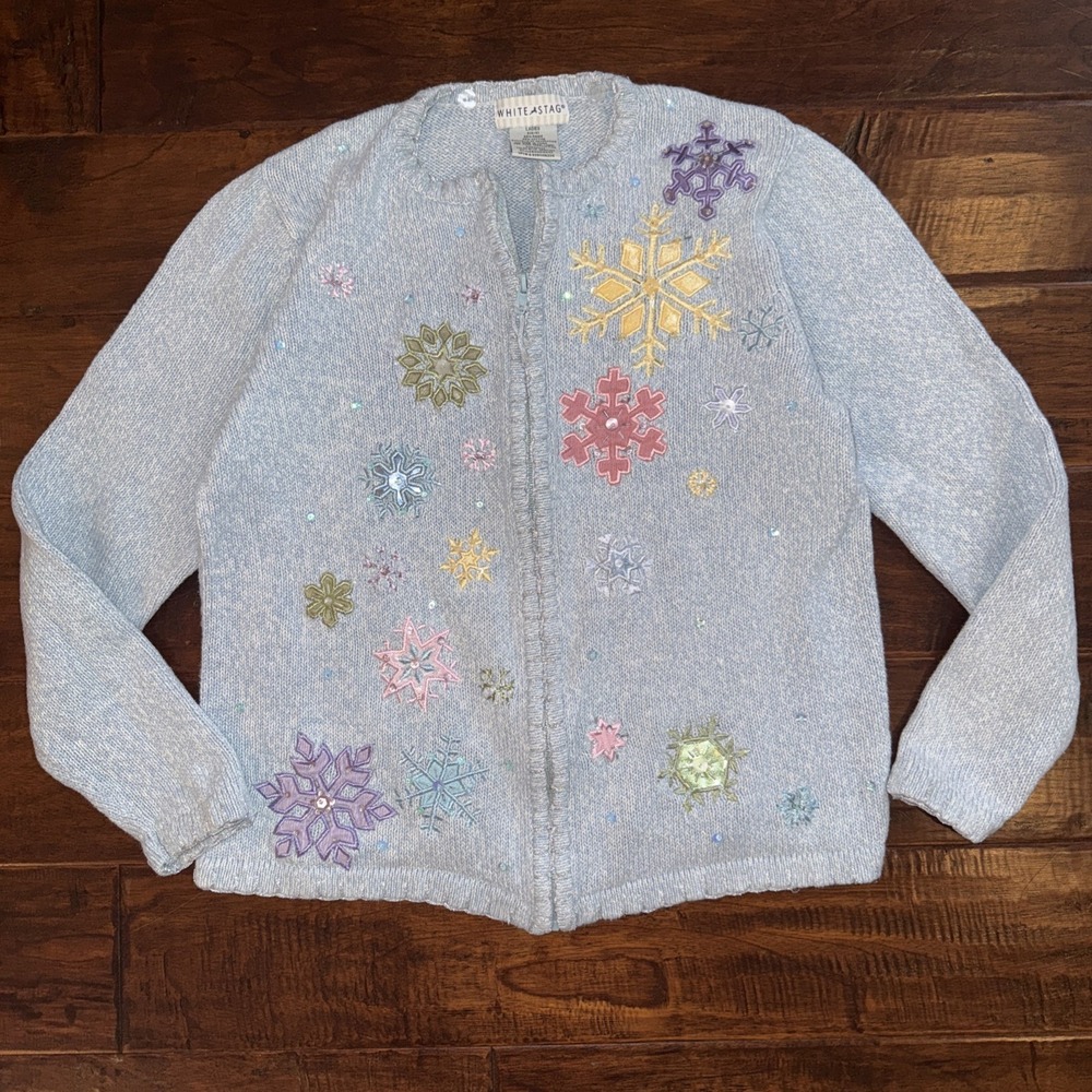 Vtg White Stag Snowflake Size Small Full Zip‎ Cardigan Appliqué Beaded Embellish